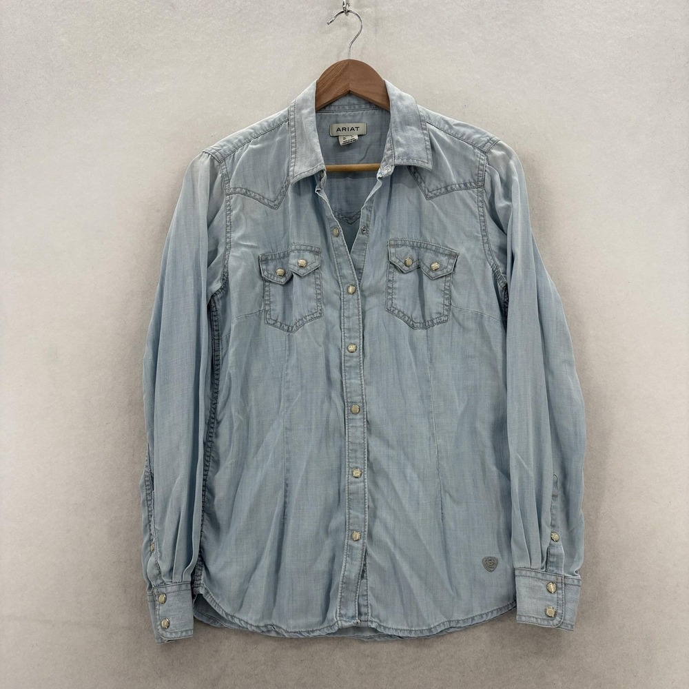 Ariat Shirt Womens Small Blue Tencel Chambray Snap Front Long Sleeve Western